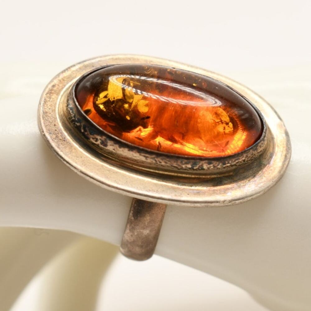 Vintage Amber Ring 928 Silver Large Oval Cabochon Size 8